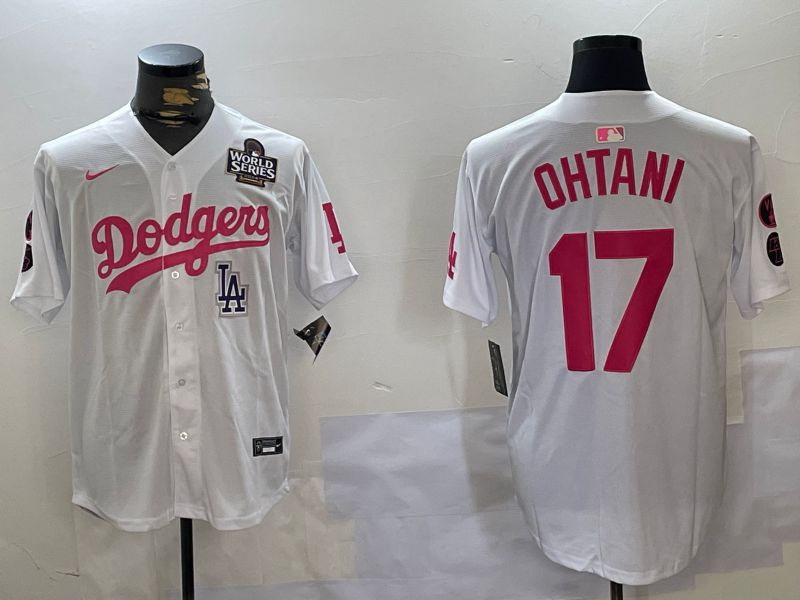 Men Los Angeles Dodgers #17 Ohtani White pink joint name 2024 Nike MLB Jersey style 10271